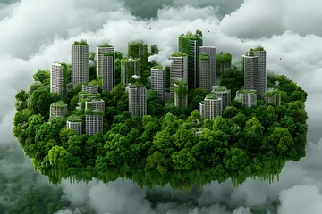 Fototapeta premium Green trees surround high skyscrapers which are floating in the sky