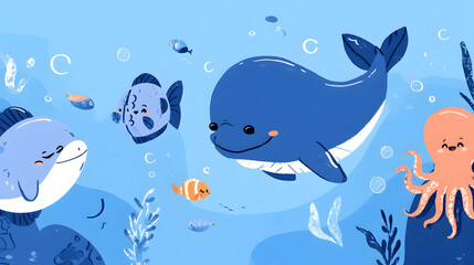 Cute Ocean Animals Cartoon Flat Illustration