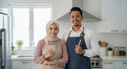 Smiling couple in modern kitchen posing for cooking or baking activity friendly faces prepared to cook kitchen interior home warm cheerful and happy