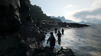 Penguins On Rocky Coastline
