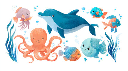 Cute Ocean Animals Cartoon Flat Illustration