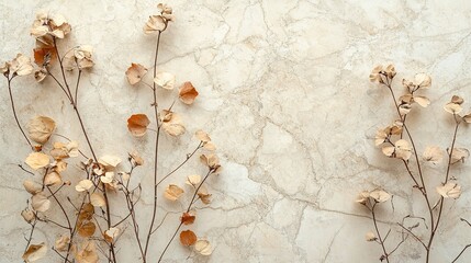 Close-up of dried flowers and autumn leaves arranged on wall with white marble background, organic composition featuring varied textures and colors enhanced by soft focus depth. Ideal for wall decor, 