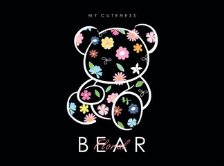 Modern floral teddy bear silhouette filled with colorful flowers on a black background. Elegant and cute vector illustration with minimalist line art style. Perfect for fashion prints, kids' designs.