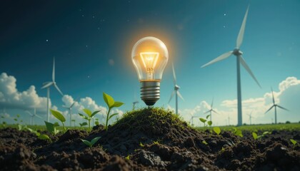 theoretical rise in the cost of photoenergy. Above earth sprouts, the bulb glows. Renewable resources are represented by the wind turbines in the backdrop. Challenges are addressed via sustainable alt