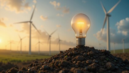 theoretical rise in the cost of photoenergy. Above earth sprouts, the bulb glows. Renewable resources are represented by the wind turbines in the backdrop. Challenges are addressed via sustainable alt