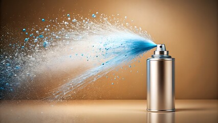 Aerosol Spray Can in Action: A silver aerosol spray can releasing a vibrant blue mist, captured mid-spray with dynamic droplets and vapor trails.