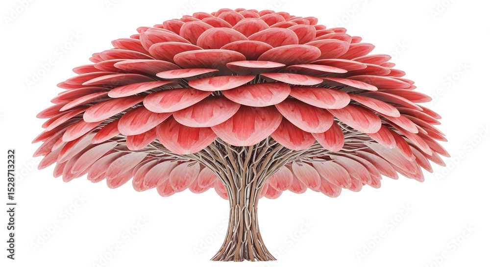Poster stylized tree digital art displaying pink and red leaves with textured brown trunk against transpare
