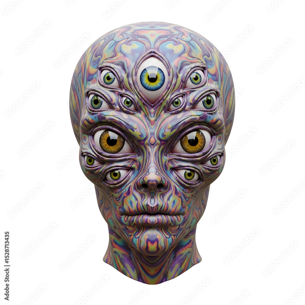 Poster surreal multi-eyed human face digital artwork with psychedelic patterns and transparent background