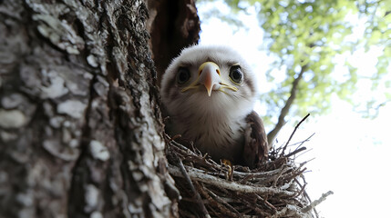 Baby Eagle Looking At Camera From Nest In Tree