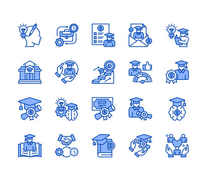 Scholarship icon collection set. Containing financial aid, tuition assistance, grant, fellowship, award, bursary, stipend icon. Simple line vector illustration.