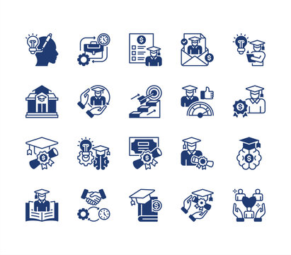 Scholarship icon collection set. Containing financial aid, tuition assistance, grant, fellowship, award, bursary, stipend icon. Simple flat vector illustration.