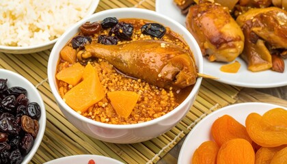 Delicious savory plov dish with chicken leg, rice, apricot, and prunes presentation