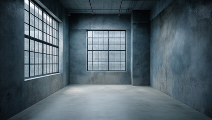 Empty industrial room with large windows and concrete walls