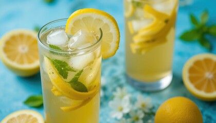 Close-up of glasses of lemon ice tea with citrus fruits and mint on a blue backdrop