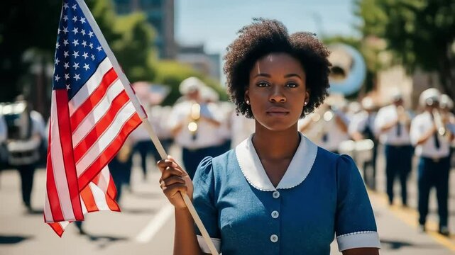 Juneteenth parade african american woman with flag celebration
