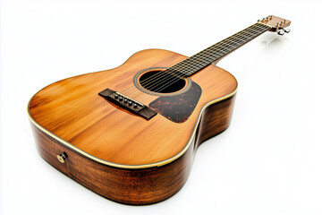 Fototapeta premium A classic wooden acoustic guitar with strings, isolated on a white background, ready to play beautiful music