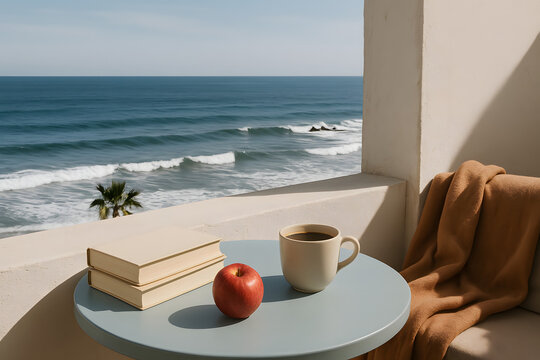 Ocean View Relaxation Coffee, Books, and Coastal Calm - Powered by Adobe