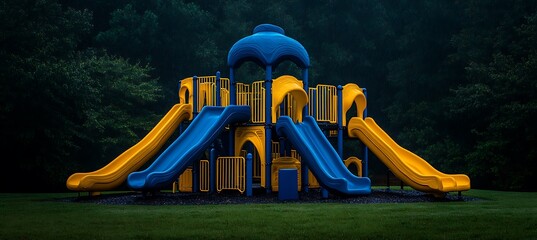 A colourful childrens playground sits amongst vibrant green grass
