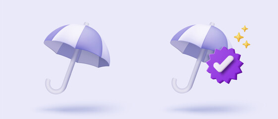 3d check mark icon on purple umbrella with curved handle. Insurance protection with check list, best choice for right, success, tick, accept. choose icon vector with shadow 3D render illustration © Issara