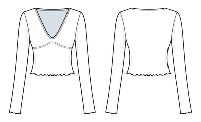 V-Neck sexy Long Sleeve Top Technical Fashion Illustration. Lettuce trim Fitted Women’s Top Vector Template. Stretch Knit Fabric. Feminine Aesthetic. Front and Back View. CAD Mockup Set.
