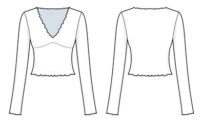 V-Neck Lettuce Trim Long Sleeve Top Technical Fashion Illustration. Fitted Women’s Top Vector Template. Stretch Knit Fabric. Feminine Aesthetic. Front and Back View. CAD Mockup Set.