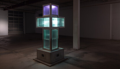 Modern glass and metal light sculpture in industrial space