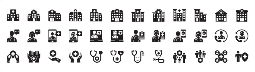 Healthcare icon set. Doctor and hospital icon. Icon set contains hospital, doctor, consultation, clinic, stethoscope, nurse, health insurance, family, emergency, online service. Vector illustration.