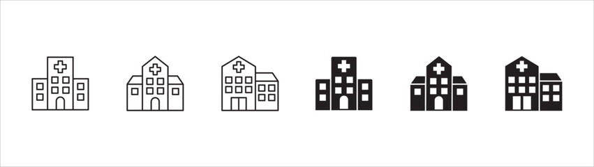 Hospital building icon set. Hospital and healthcare icon collection. Icon symbol of hospital buildings, medical house, medic, clinic, digital healthcare. Vector illustration