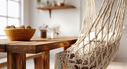 Fototapeta premium Minimalist boho-style hammock chair with basket and wooden table, interior design mockup