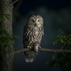  Owl with Prey Sitting Quietly in the Woods