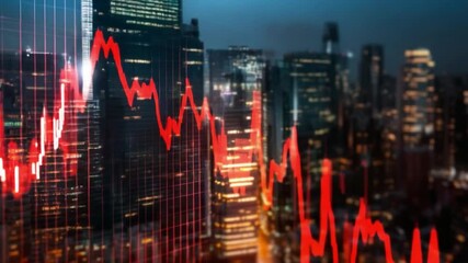 Economic Downturn in City: An evocative image of a city skyline overlaid with a red line chart dramatically illustrating economic downturn, representing market volatility and financial instability.  - Powered by Adobe