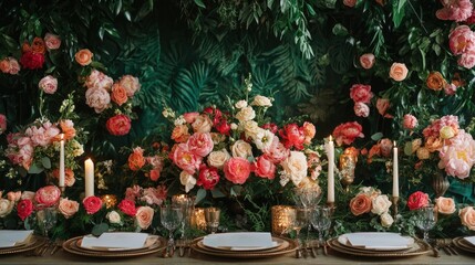 Fototapeta premium Thanksgiving Fourth Thursday of November, Autumn Equinox September 22-23, Beautiful autumn table setting for a seasonal celebration with candles and colorful leaves arranged
