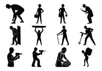Worker Silhouettes Vector Collection – Labor, Construction, Detective, Technician, and Manual Jobs Icon Set on white background 
