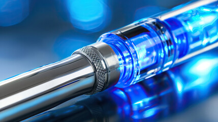 Close-up of UV light device emitting blue glow on clear skin, dermatology treatment for acne or skin disinfection, medical technology and skincare concept.