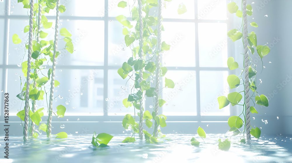 Poster sunlight streams through a window, illuminating lush, cascading vines hanging from ropes. water drop