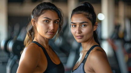Two athletic women in a gym setting showcase their fitness and strength, exuding confidence and wellness living healthy lifestyle and determination. Image made using Generative AI.
