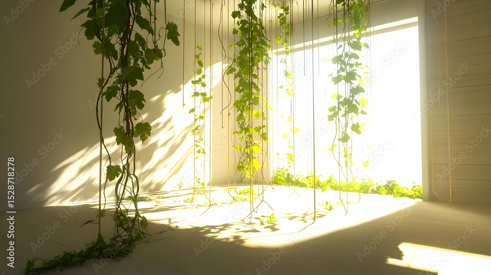 Poster sunlight streams into a minimalist room adorned with cascading vines. lush greenery hangs from the c
