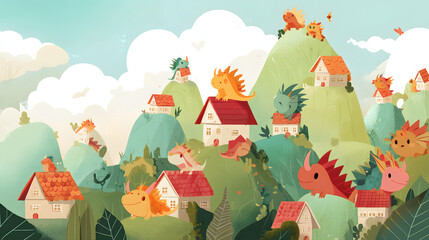 Cute tiny dragons Village Flat Illustration