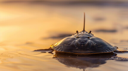 Horseshoe crab crawling on sandy beach with ancient armored shell, symbolizing prehistoric resilience and marine life survival in natural habitat.