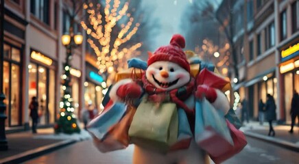 Cheerful snowman carrying shopping bags on a snowy street during the winter holidays - Powered by Adobe