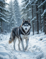 Naklejka premium Majestic Siberian Husky with piercing blue eyes walks through snowy winter forest.