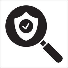 Magnifying glass with shield icon. Network cyber security system icon. Icon symbol of safe, security, authentication, protection, control. Vector illustration
