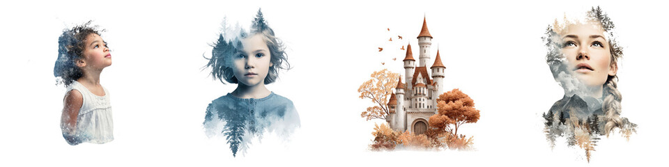 Surreal portraits and fantasy castle in autumn landscape