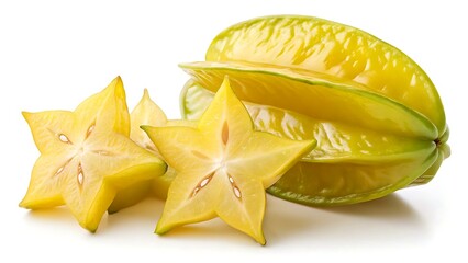 Fototapeta premium Starfruit Slice Showing Star Shape Juicy Flesh On White Background, Isolated Carambola