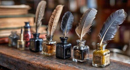 Vintage writing tools and quills with feathers on a rustic desk, old-world charm and nostalgic composition