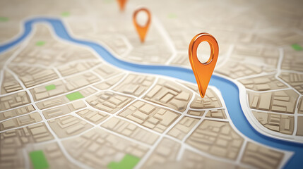 Fototapeta premium Digital map illustration with pinned locations and river flowing through cityscape