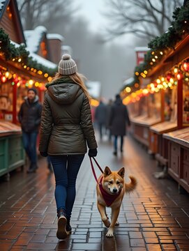 Woman Walking Dog at Holiday Market with Decorated Stalls