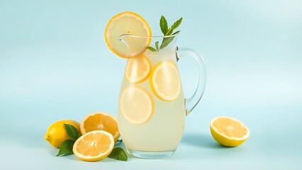 Fresh glasses of lemonade and orange juice with lemon slices, ice, and mint