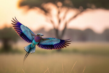 Lilac-breasted roller in flight, displaying stunning violet, blue, and turquoise feathers against a warm savanna backdrop at sunrise or sunset. Bird.