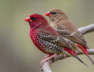 Pair of red-billed firefinches perched on a branch, showing vibrant red and brown plumage with white spots, captured in stunning detail and clarity. Bird.